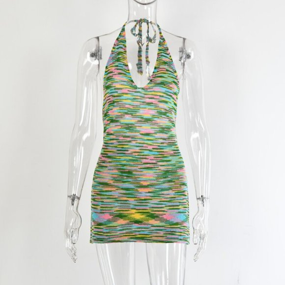 NEW KNIT HALTER DYE BACKLESS SUMMER BEACH MINI PARTY COVER UP DRESS SIZE M - Picture 2 of 8